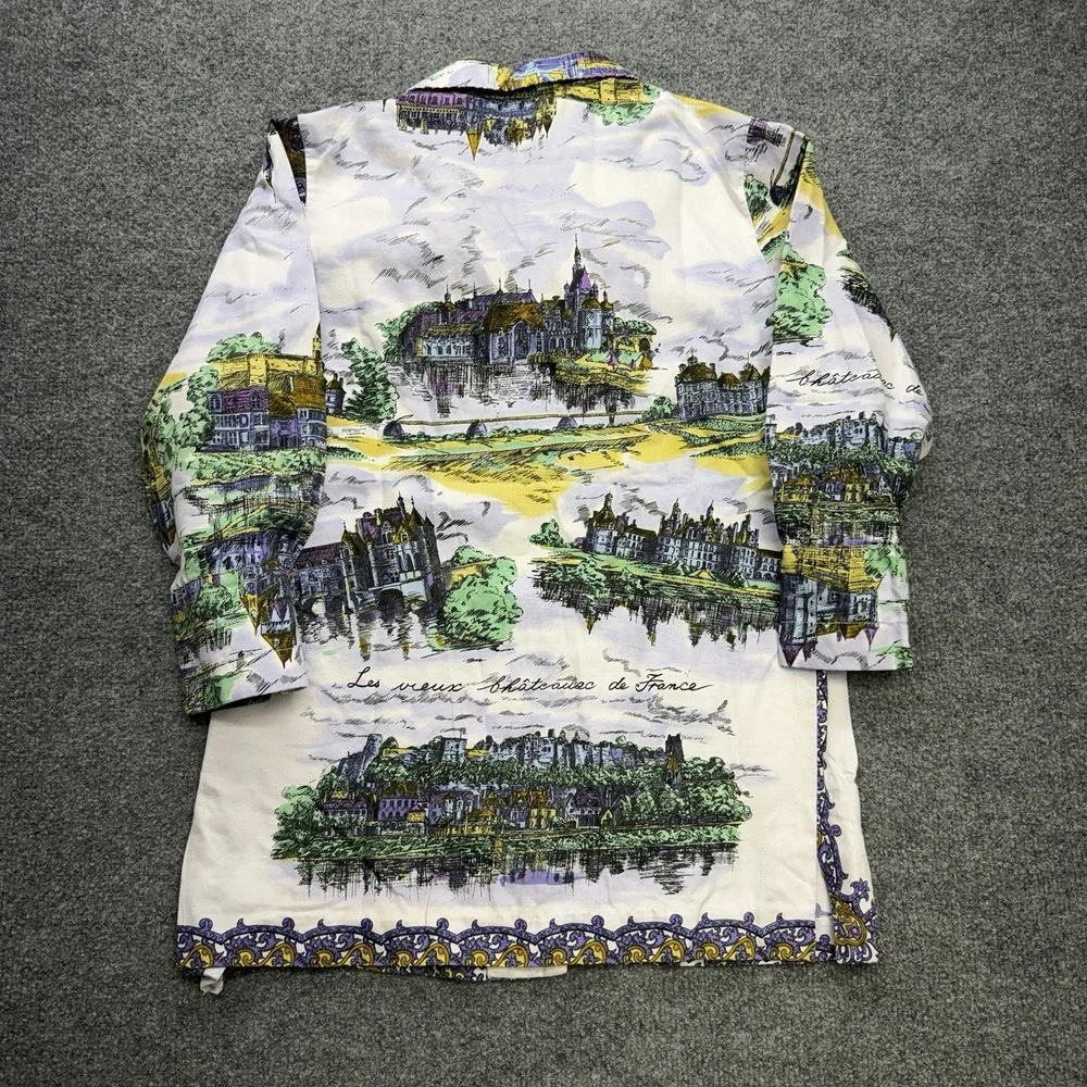 Vintage France Women's Button Up Shirt Paintings City Art Size Large Purple - Picture 7 of 8